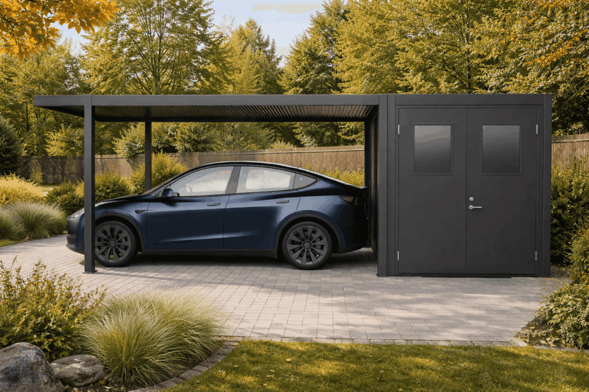 Utomhusförråd. Kopplat till carport