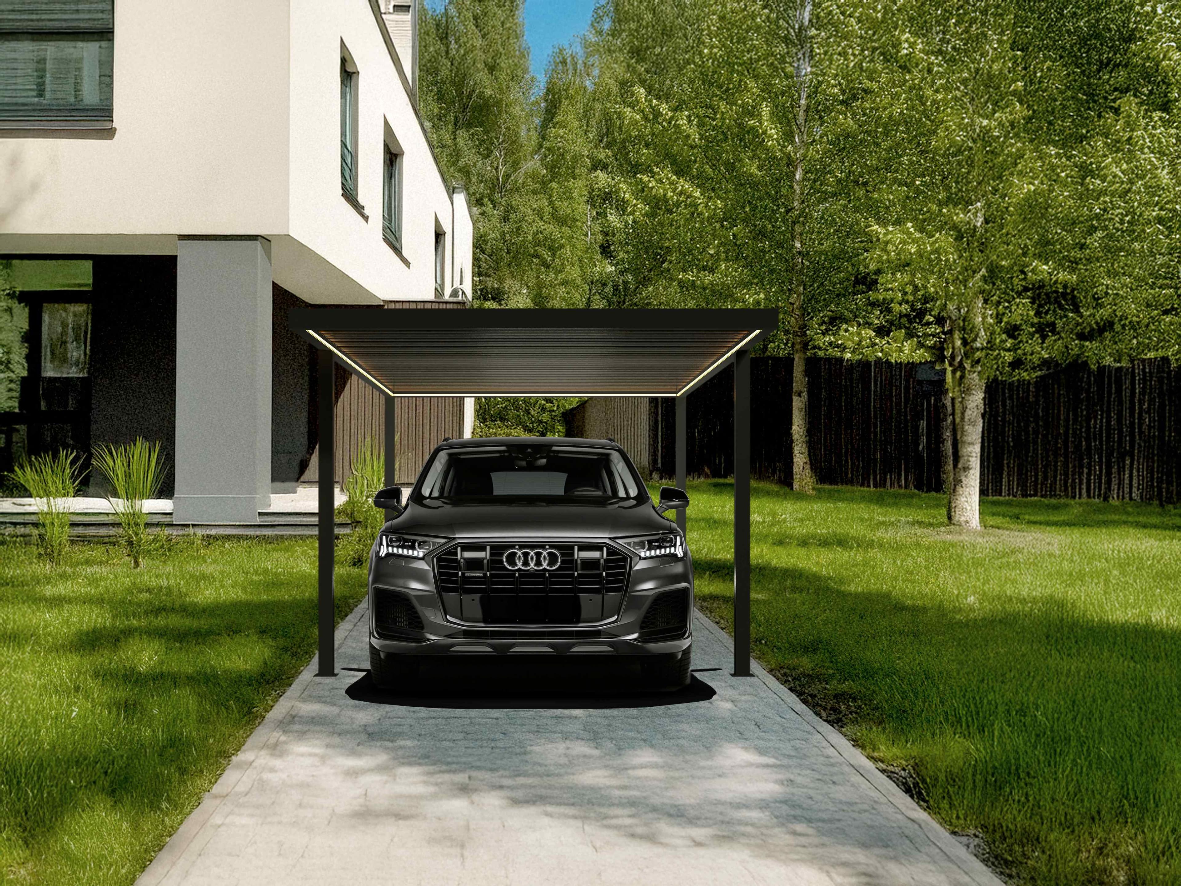 Carport. En bil med LED, mot huset